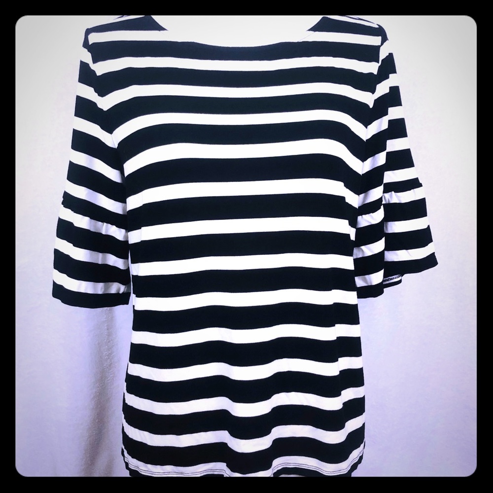 Talbots Petite B/W Striped Raglan Bell Sleeve Top